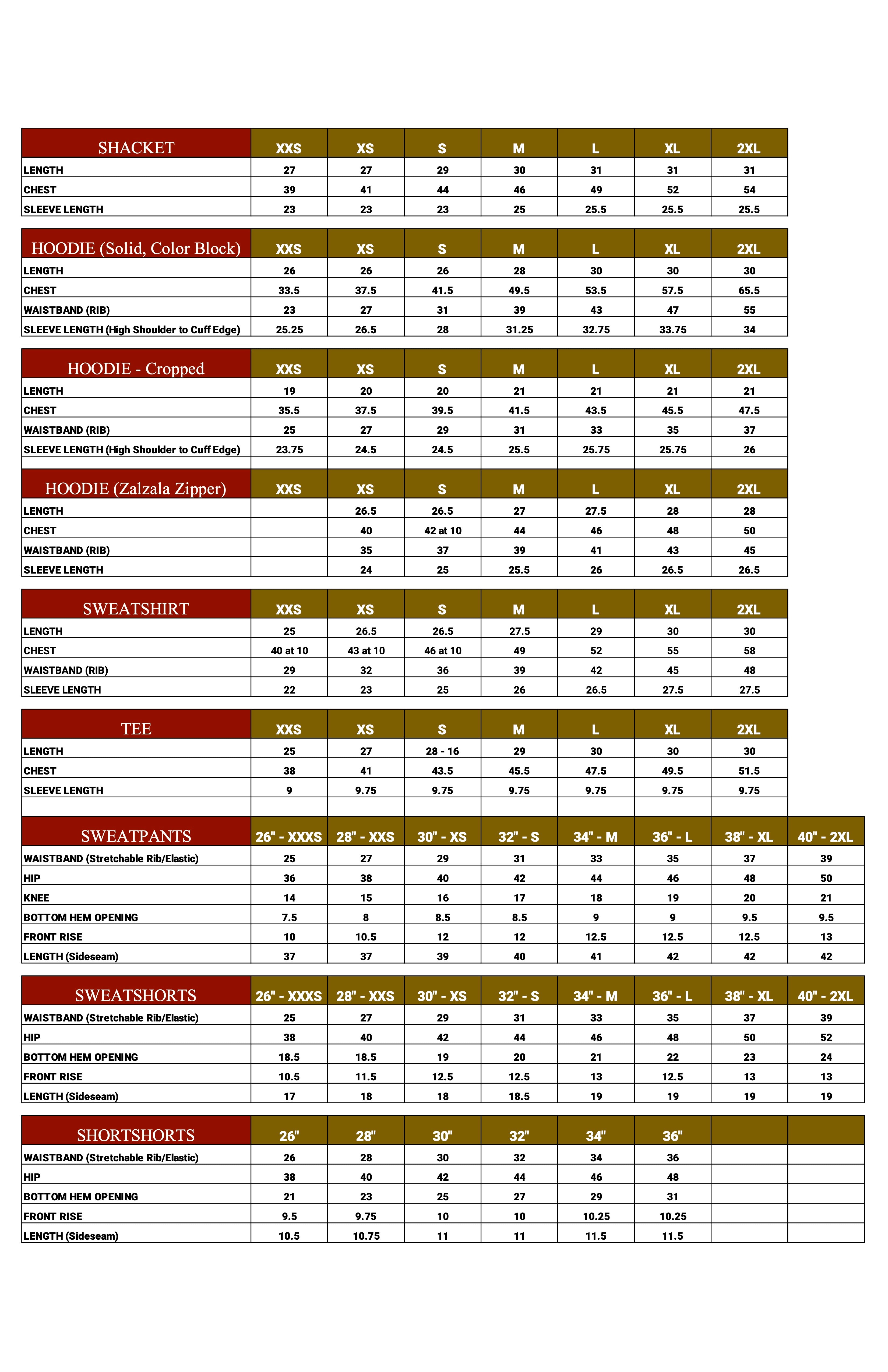 Size chart