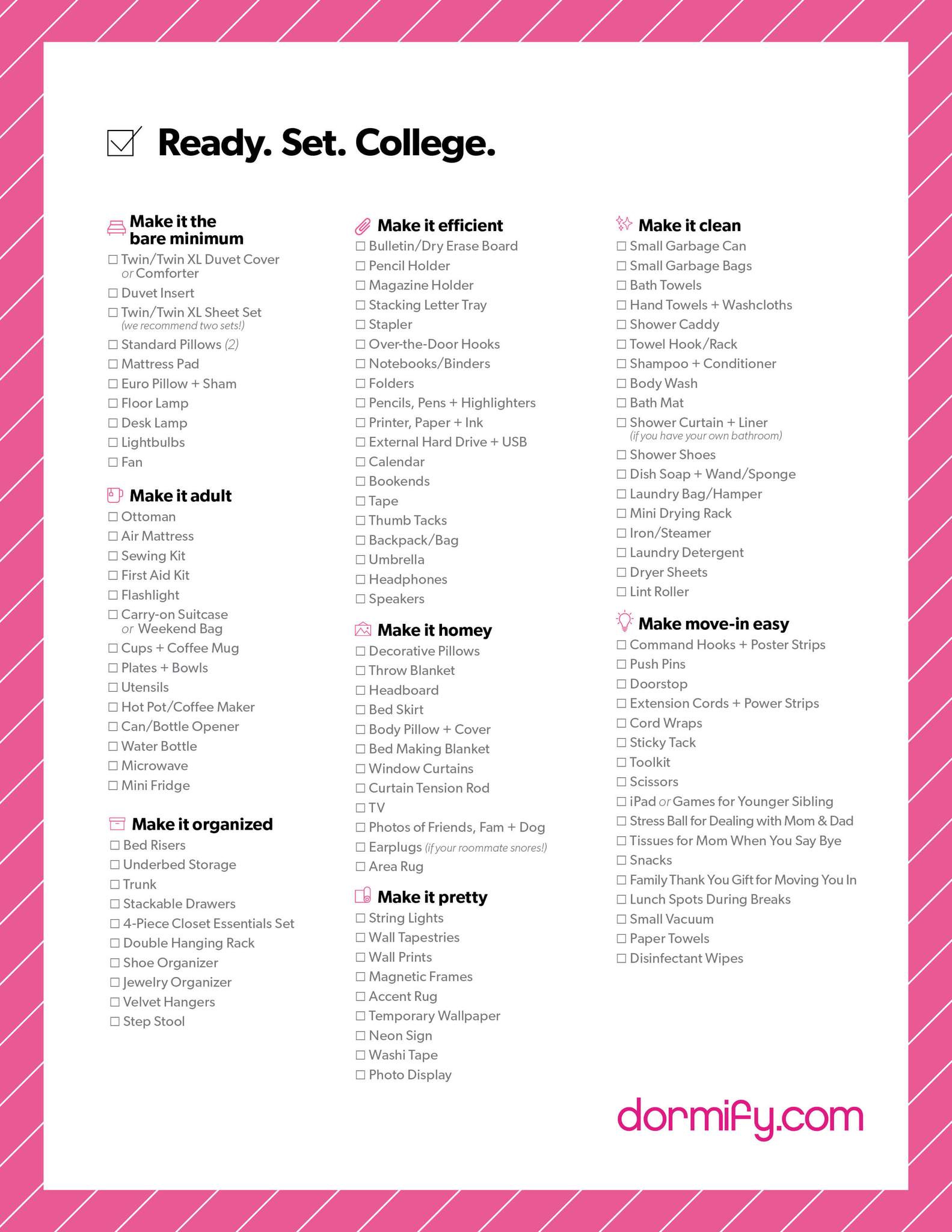 dorm room checklist and ideas