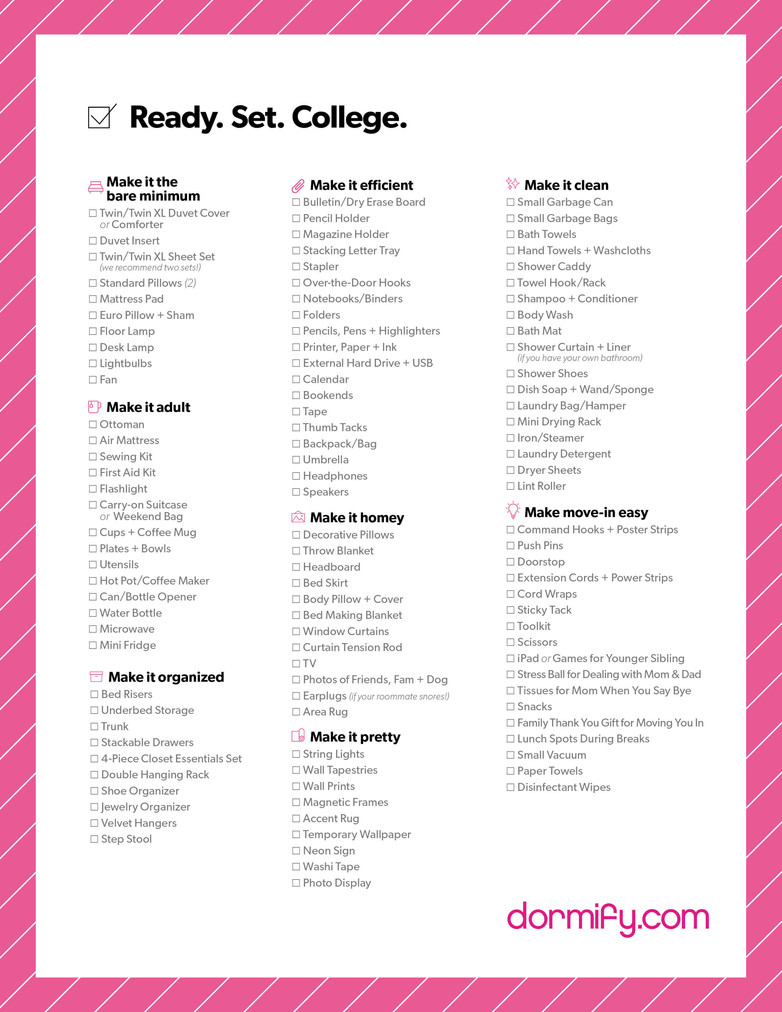 college checklist for dorm freshman
