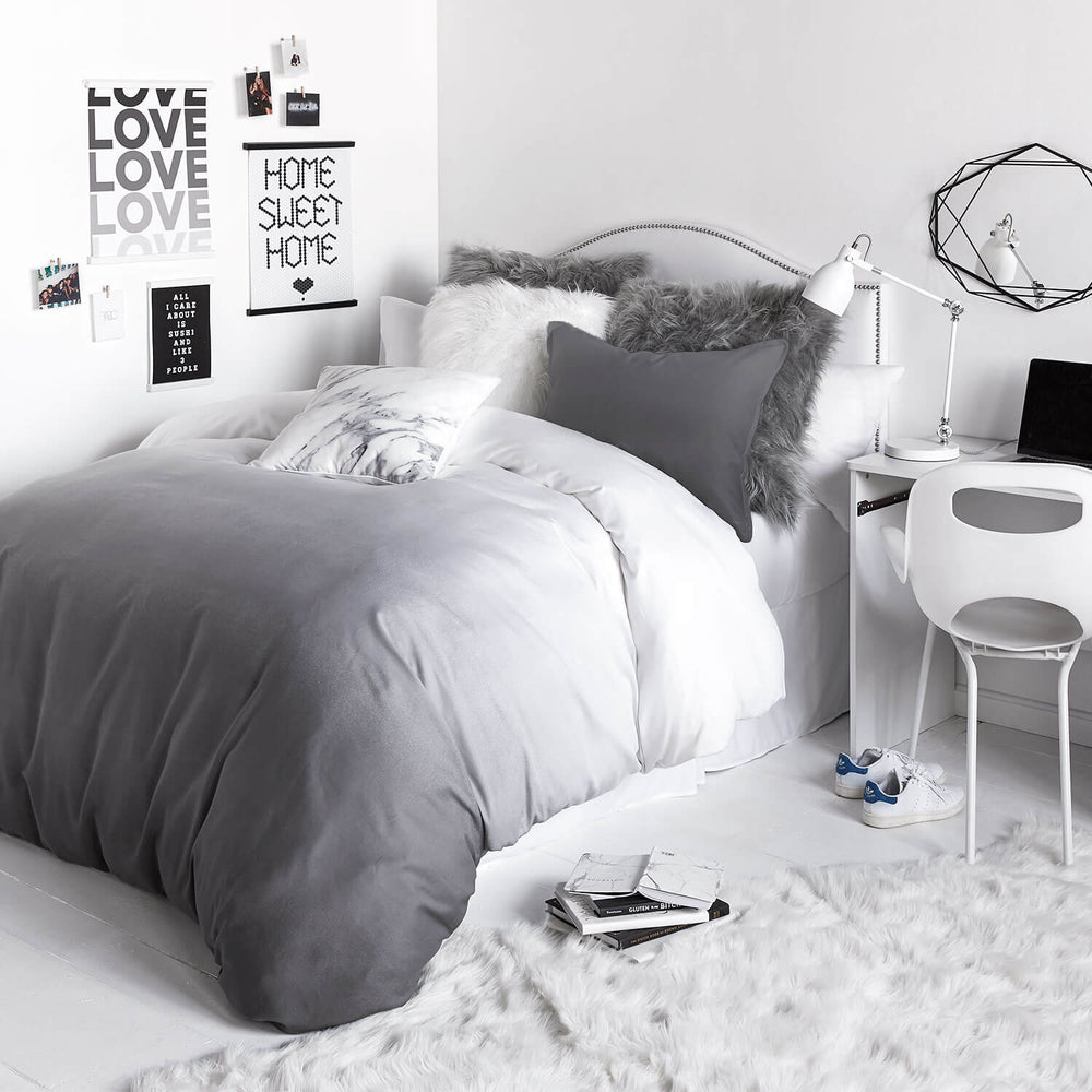 grey and white bedding