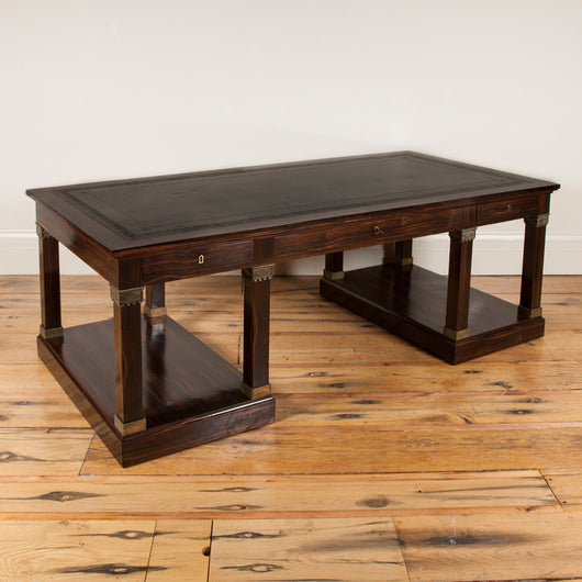 A Large Macassar Ebony Desk With A Leather Lined Top Over Three