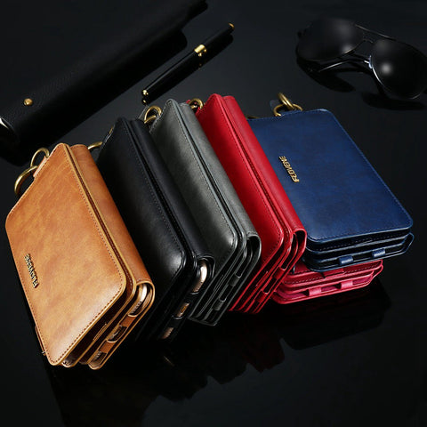 FLOVEME Luxury Leather High Capacity Double Flip Wallet Case For iPhon ...