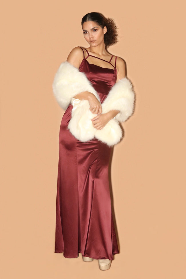 prom dress with fur shawl