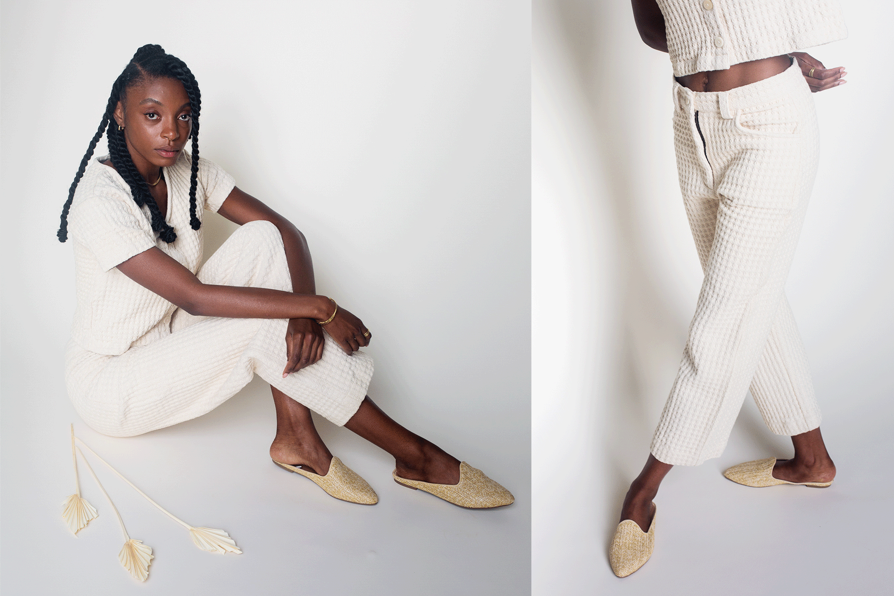 Maya sitting on the ground wearing Soluna's natural waffle top and natural waffle pants. The fabric is very textured. The second photo shows a view of the pants only.