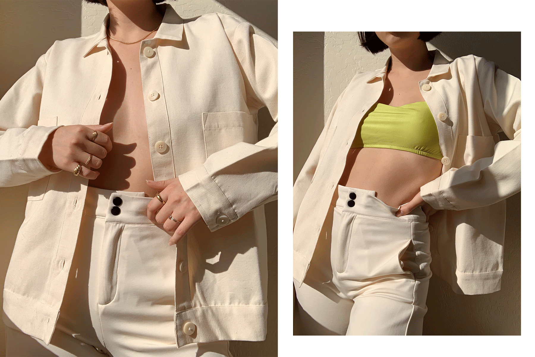 Gabby poses in our hore jacket. She is matching the natural look with another brands natural pants. The chore jacket is open and exposing her skin in a beatuiful but not revealing way. On the right, it's the same but with a neon green bra on.