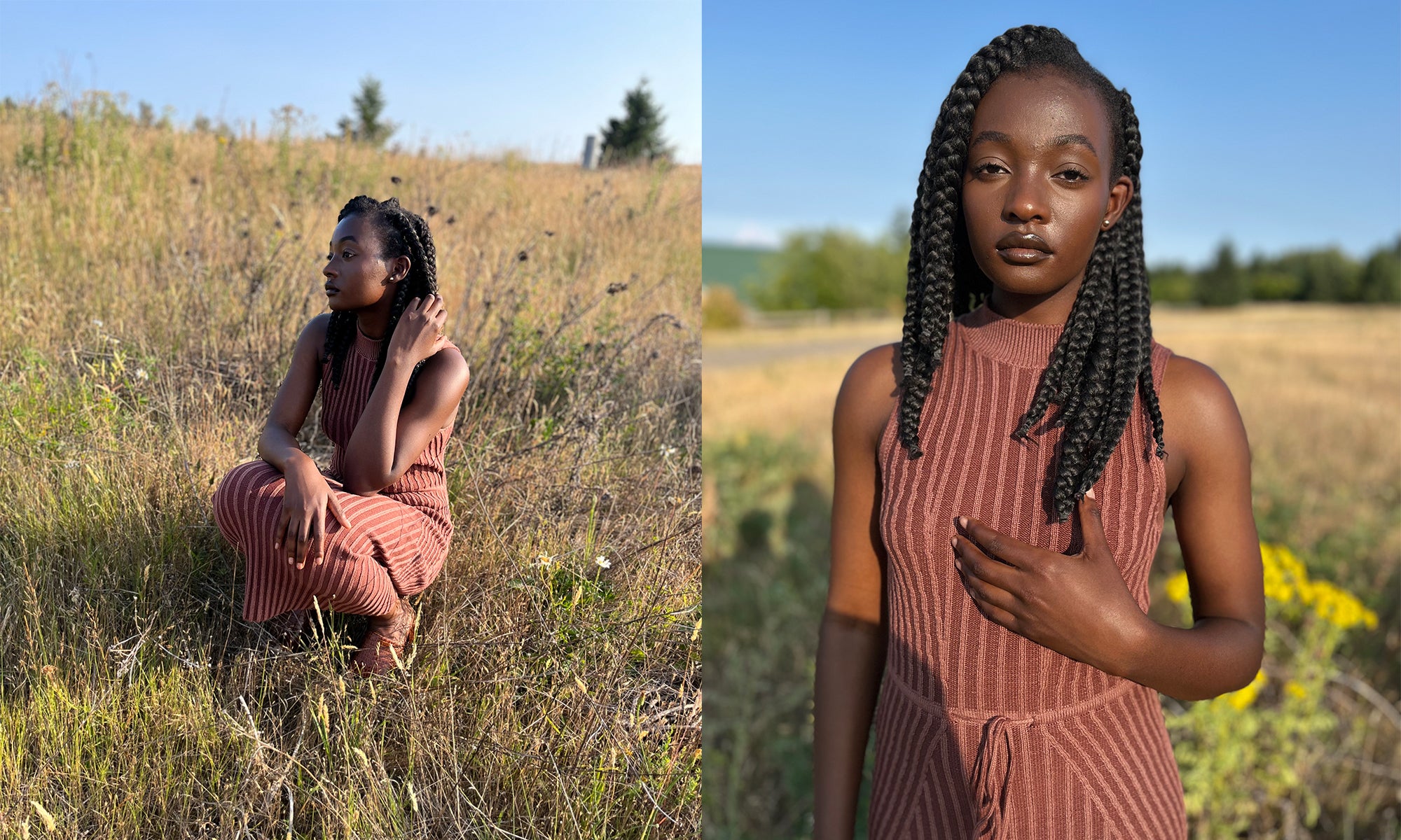 Soluna Collective Knit Dress in a field, worn by Naomi Likayi