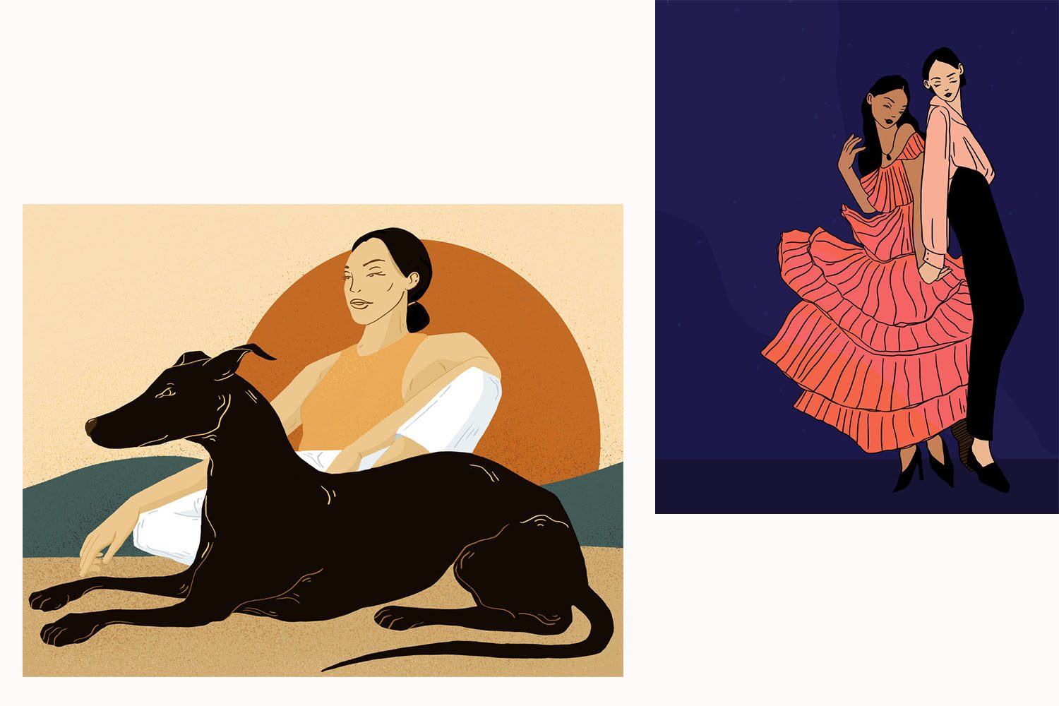 Nancy's Artwork. One of women with dog enjoying the sun. On the right, two women dancing in the night.