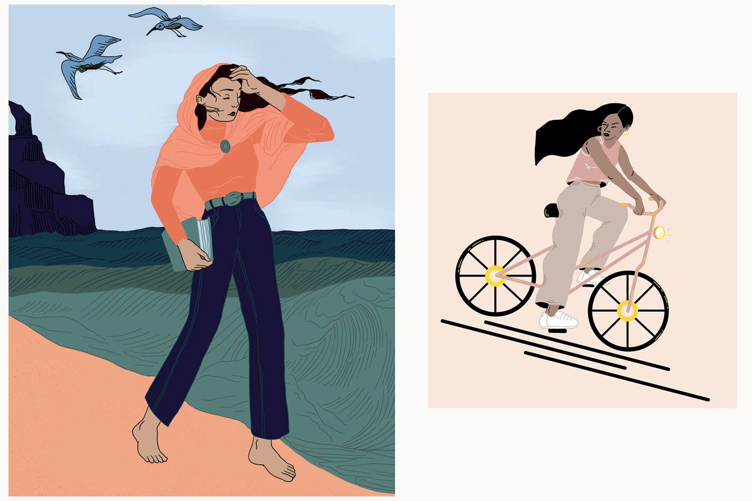 Nancy's Artwork. Women a the beach. On the right, women on a bike.