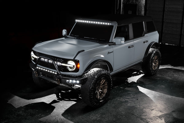 Oracle Lighting Ford Bronco with lots of white LED lights and light bars and fog lights