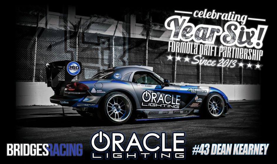 Promo image of auto halo lights company Oracle Lighting of Metairie, LA vehicle on a racetrack representing the 6th season of partnership with Dean Kearney as the title sponsor of the ORACLE Lighting Dodge Viper in the Formula Drift Series