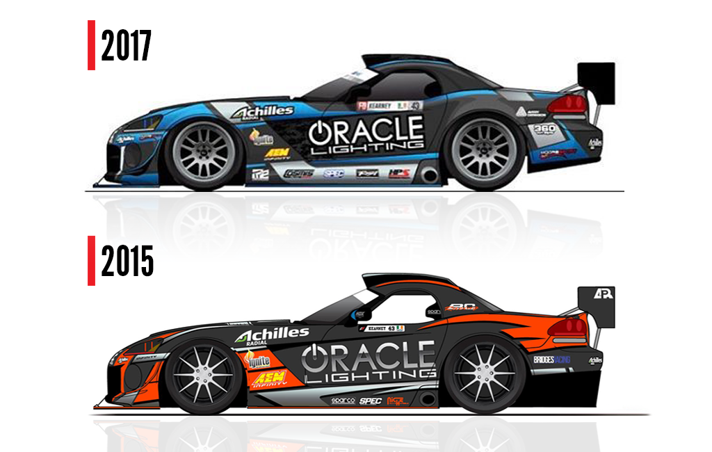 2015 and 2017 versions of racecars of commercial headlight restoration kit company Oracle Lighting in Metairie, LA