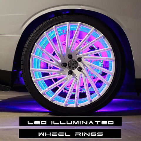 Wheel LED Lights depicted as a wheel with a blue and purple light behind it and the words, "LED Illuminated Wheel Rings"