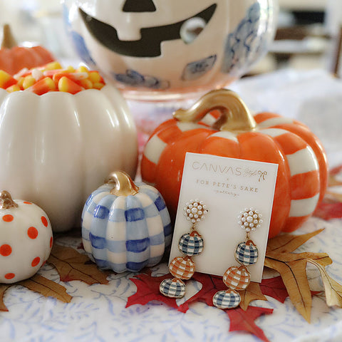 Blue, White and Orange Gingham Pumpkin Earrings