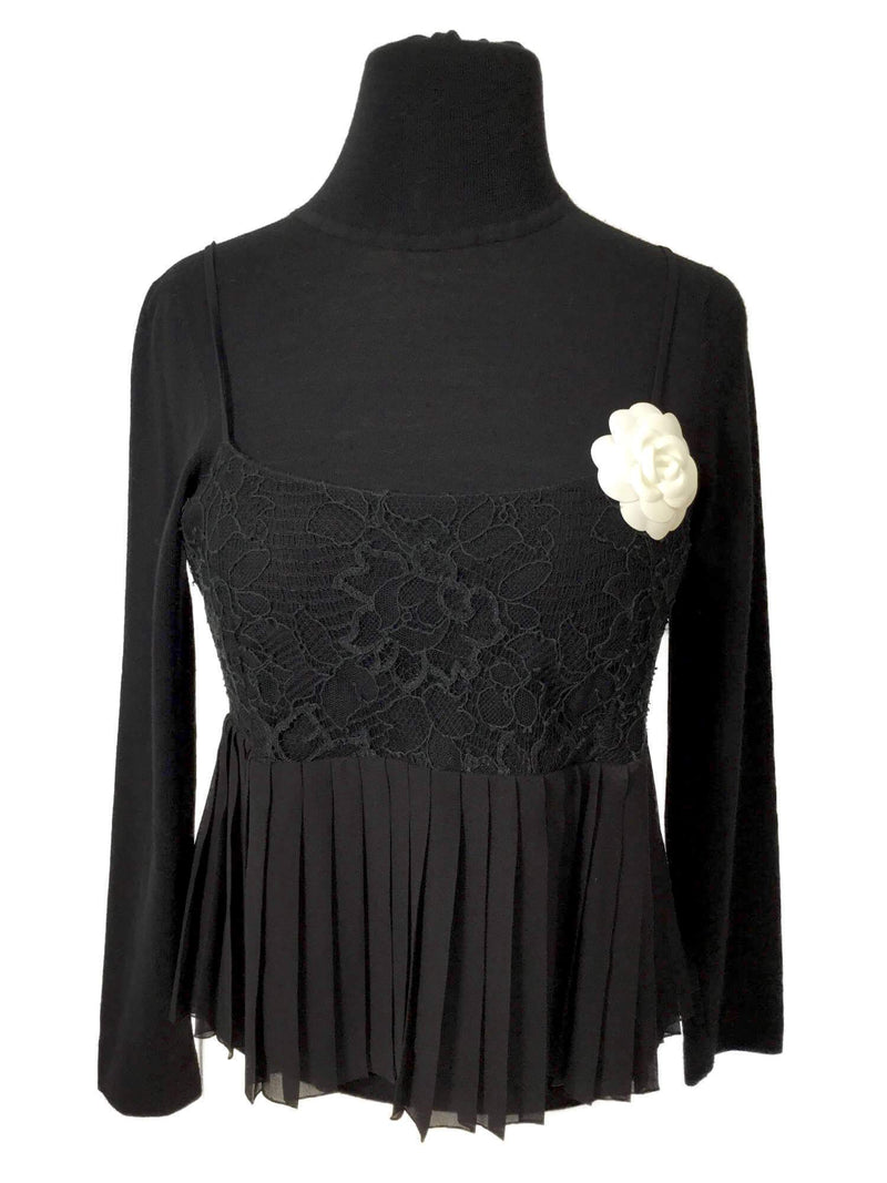 Black Pleated Silk Lace Camellia Top-designer resale
