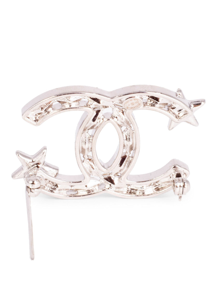 CHANEL CC Logo Swarovski Crystal Star Pin Brooch Silver