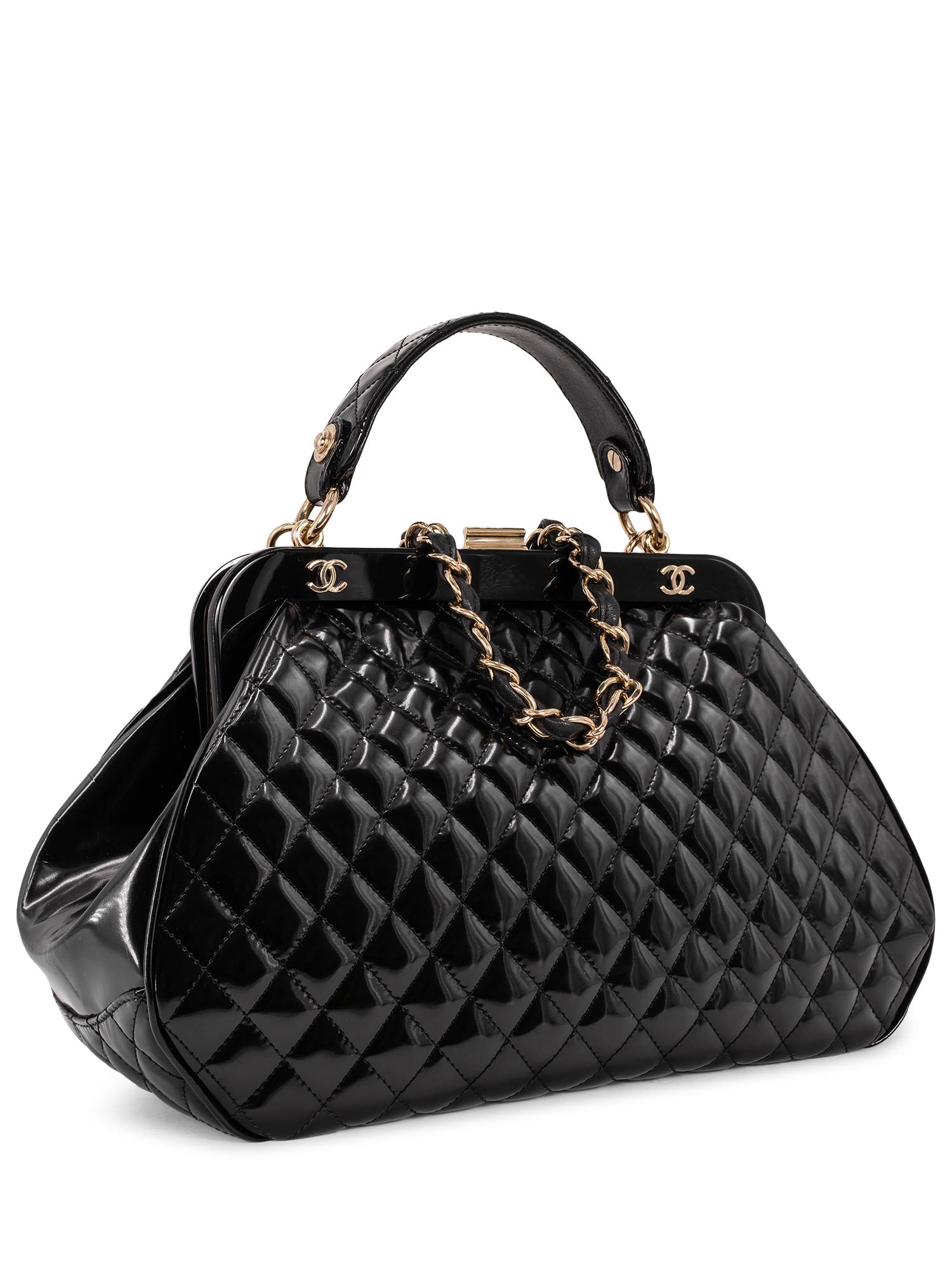 CHANEL Quilted Patent Leather CC Logo Top Handle Bag Black-designer resale