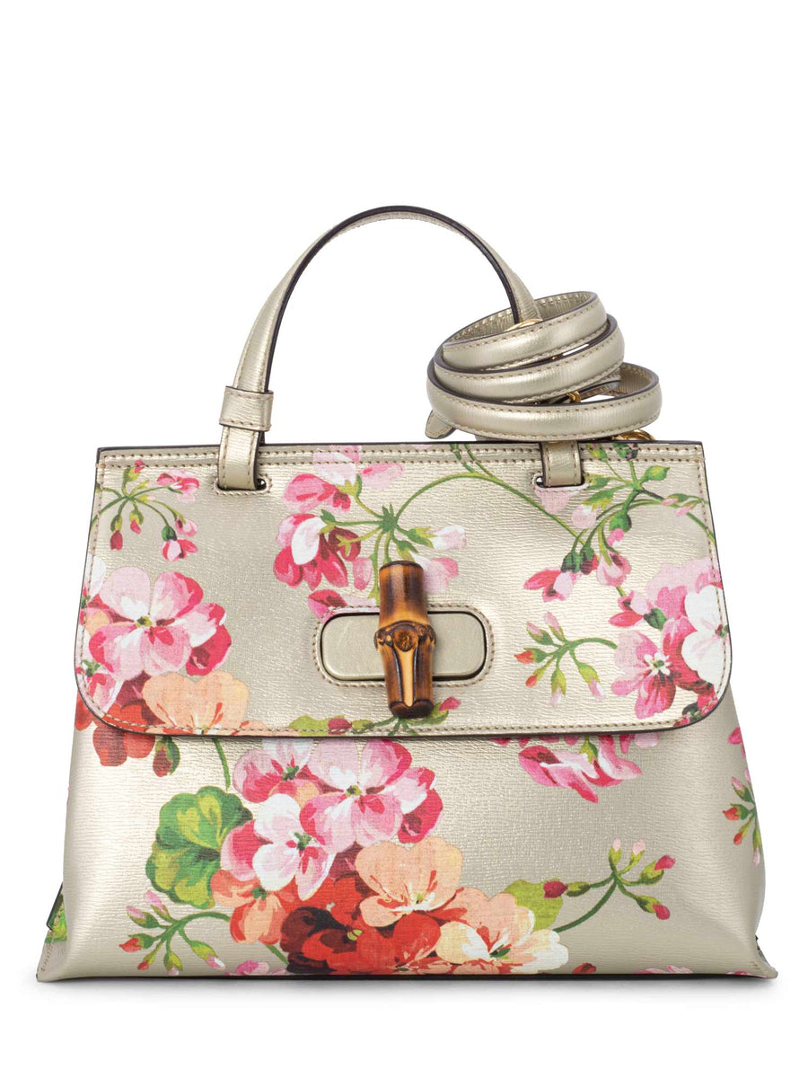 Gucci Leather Blooms Hydrangea Top Handle Bag Gold Pink