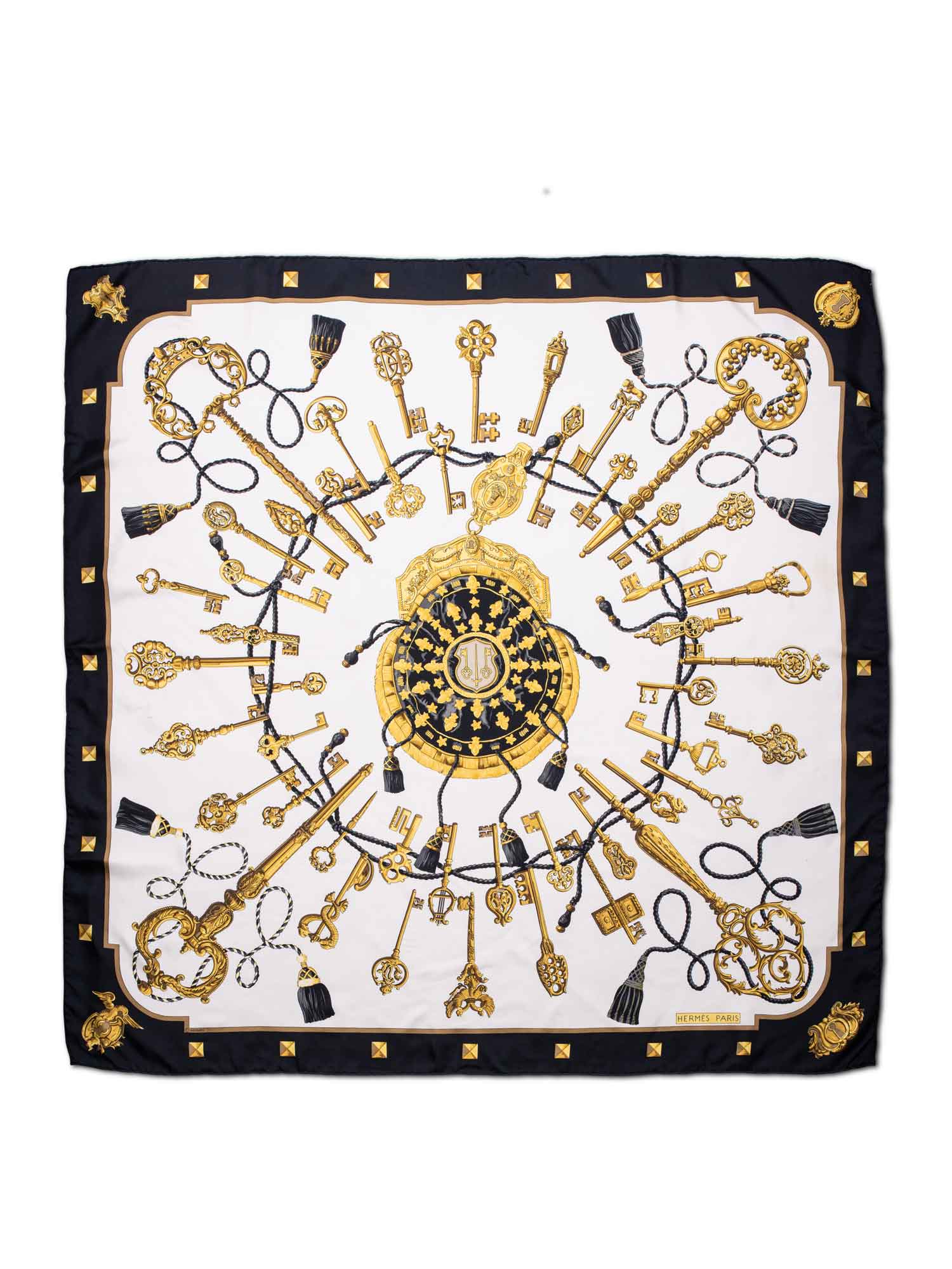 Hermes Silk Les Cles ‘The Keys‘ Scarf 90 Black Gold