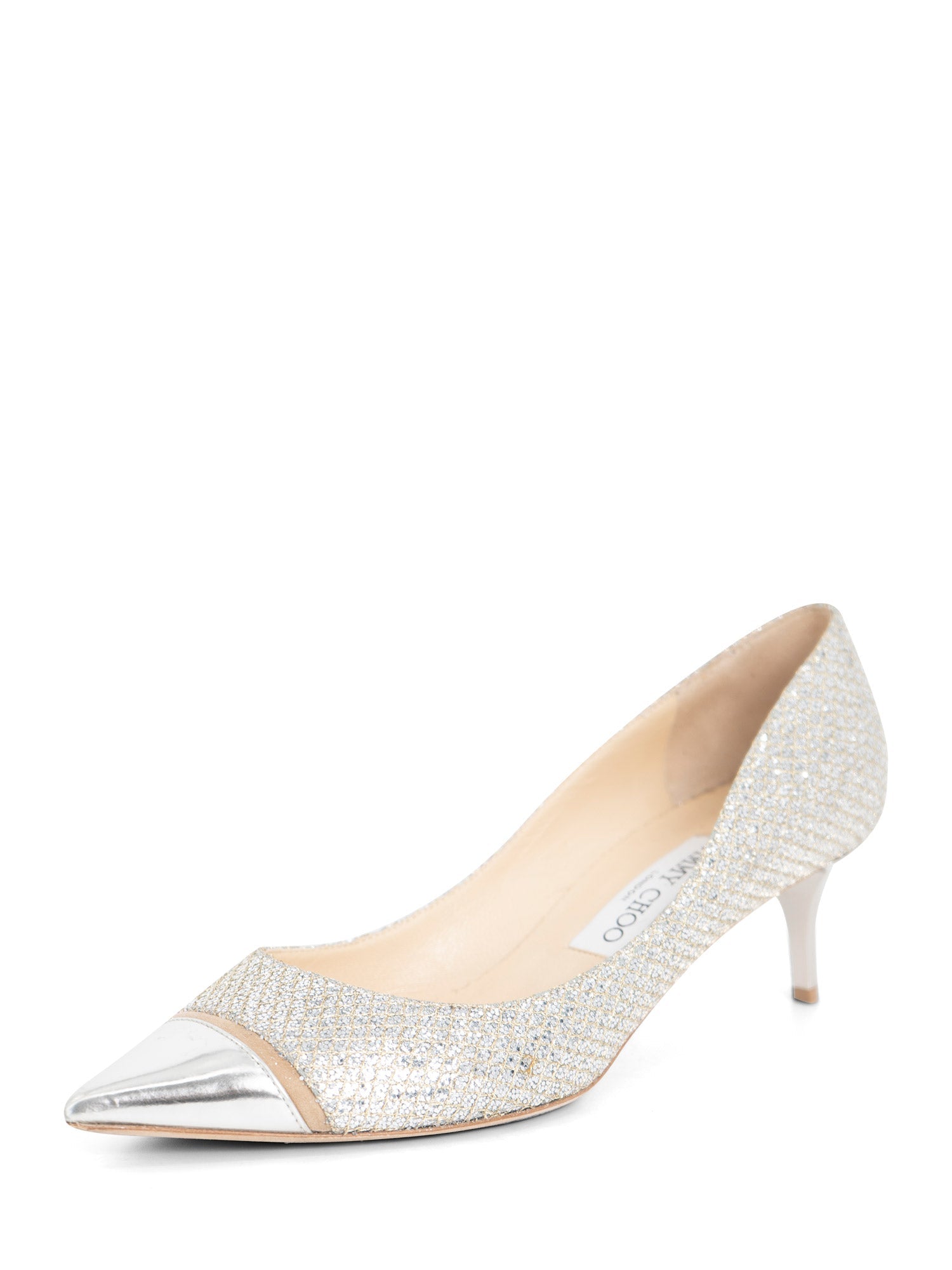 Jimmy Choo Logo Glitter Kitten Heel Pointy Shoes Silver