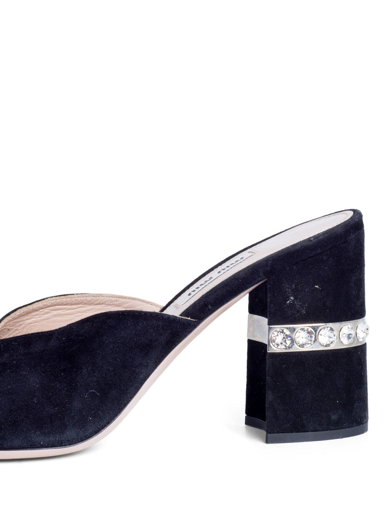 Miu Miu Suede Crystal Open Toe Block Heels Black-designer resale