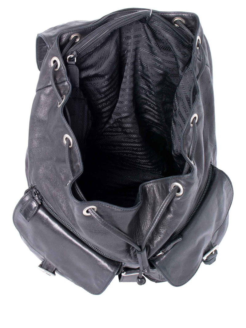 Prada Leather Double Pocket Drawstring Backpack Black