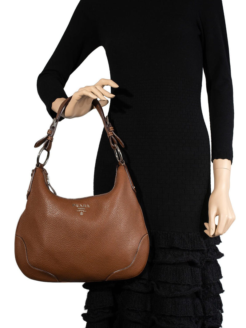 Prada Pebble Leather Hobo Bag Brown