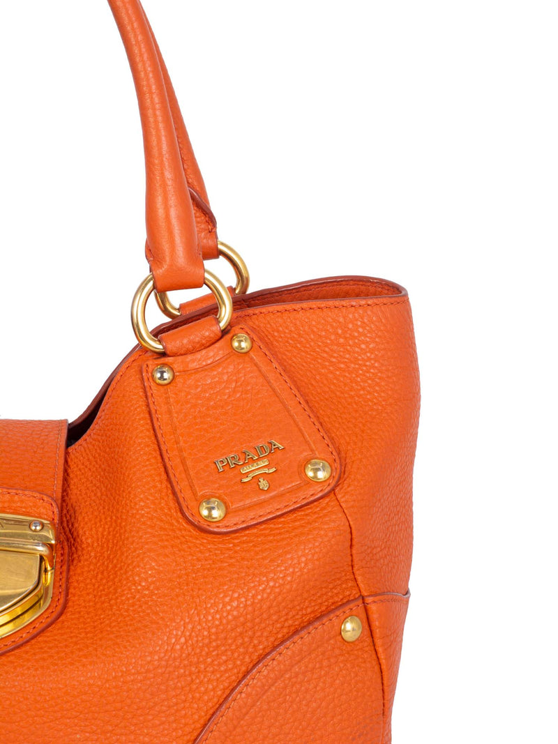 Prada Pebbled Leather Buckle Shoulder Bag Orange