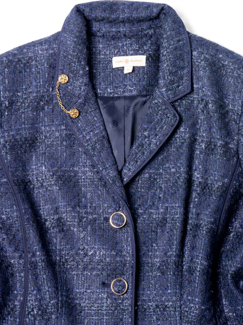 Tory Burch Logo Tweed Fitted Jacket Blue