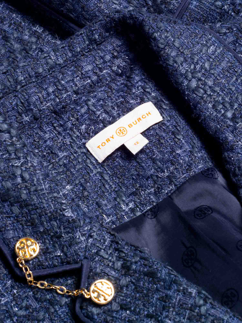 Tory Burch Logo Tweed Fitted Jacket Blue