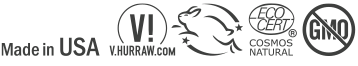 Hurraw! Made in the USA. Certified Vegan. Certified Cruelty Free. Ecocert COSMOS NATURAL. GMO Free. Certified Vegan by Vegan Society.