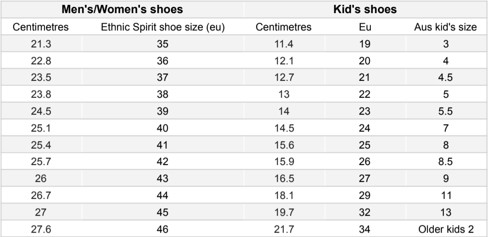 Shoe Conversion Chart – Ethnic Spirit