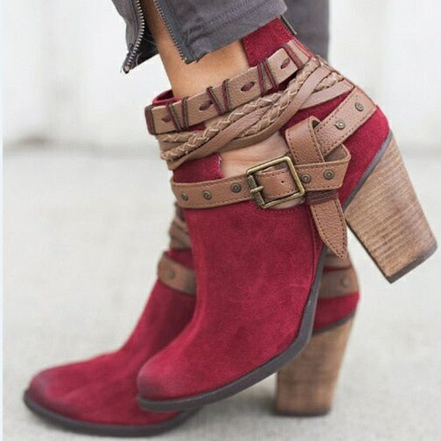 red buckle ankle boots