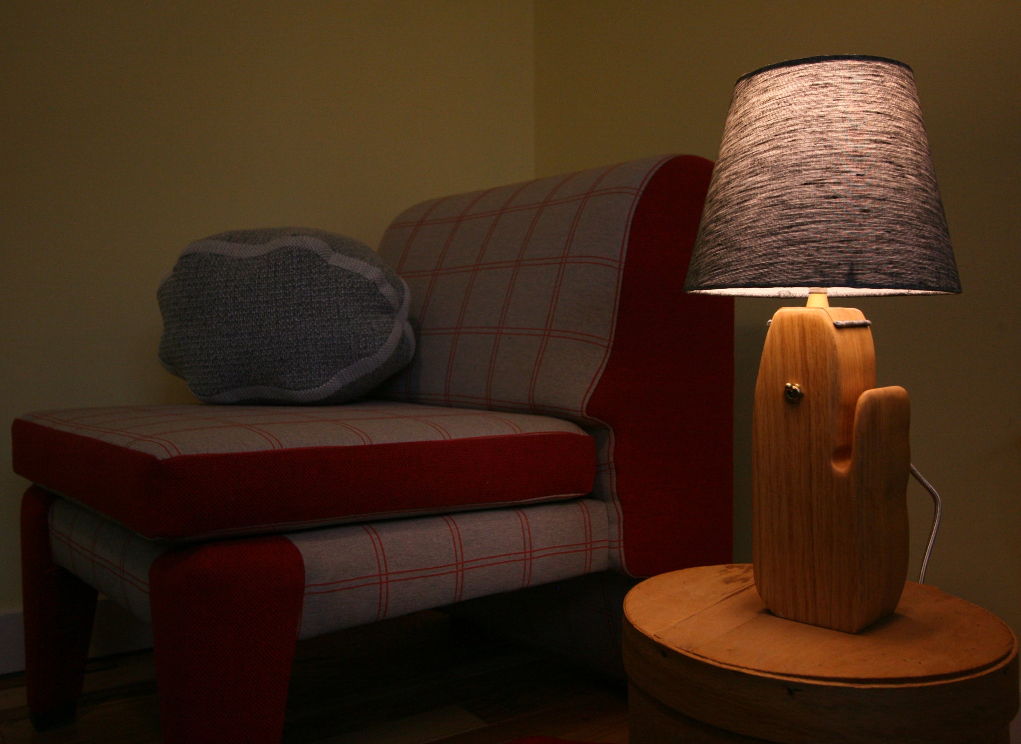 lineament chair, sheep pillow, log lamp.