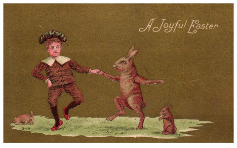 ebay victorian postcard of easter rabbit and boy dancing