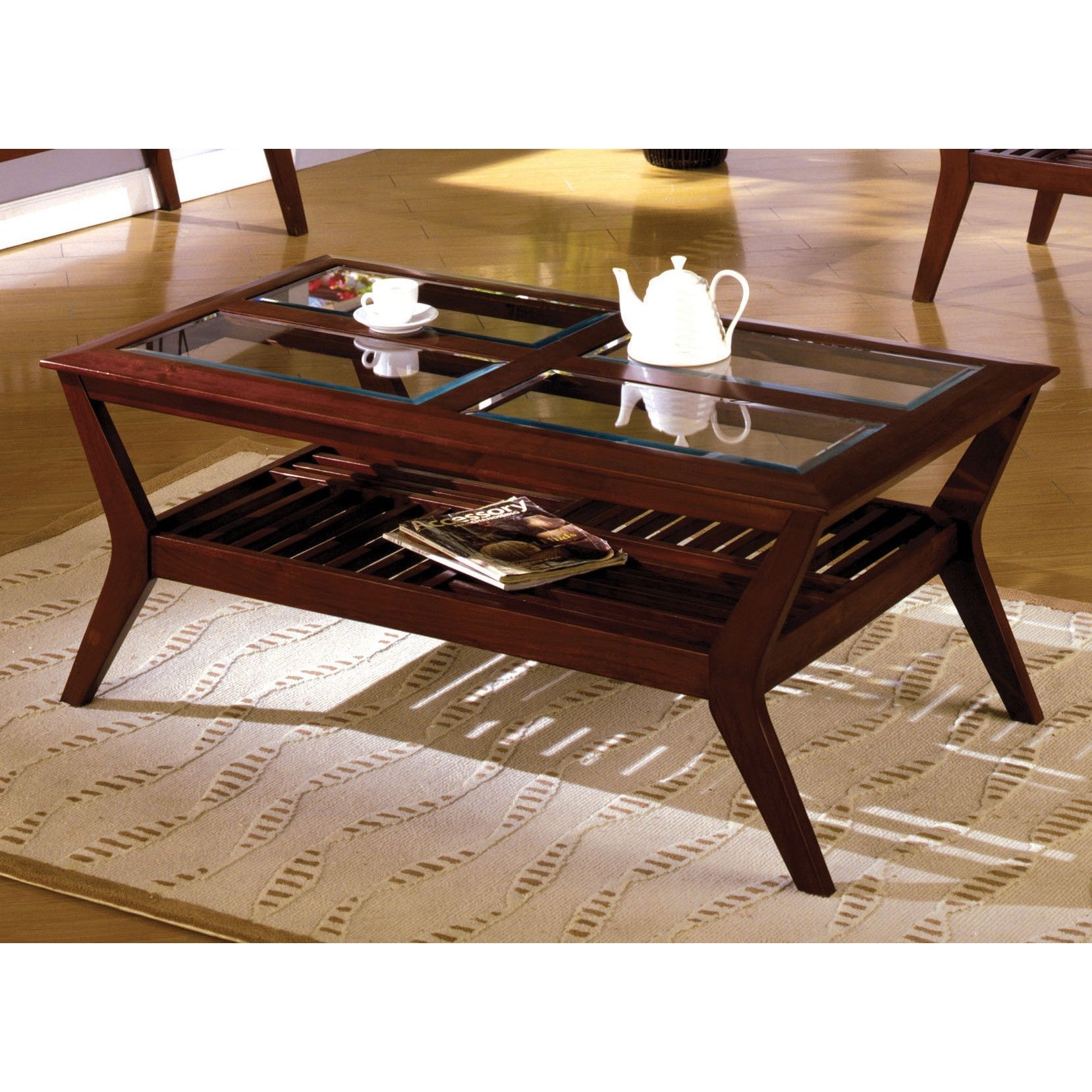 Sorensin Transitional Style Glass Top Coffee Table In Dark Cherry Coffee Table Direct