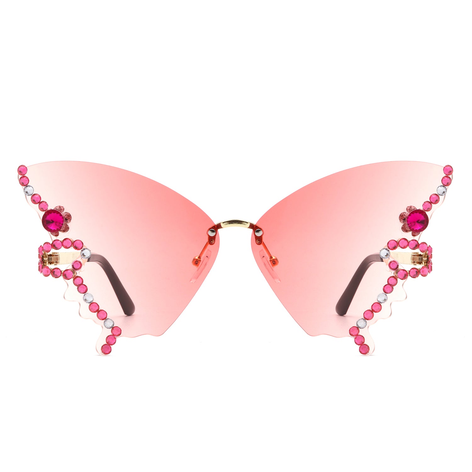 HW3023 - Rimless Oversize Rhinestone Design Butterfly Women Fashion Wholesale SUNGLASSES