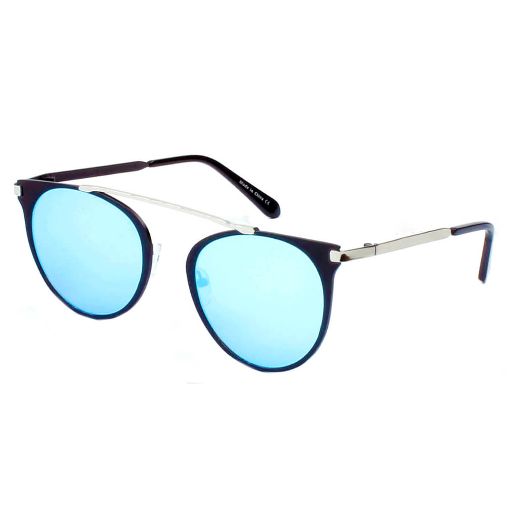 A18 Modern Horn Rimmed Metal FRAME Round Sunglasses Silver - Icy Blue - Black