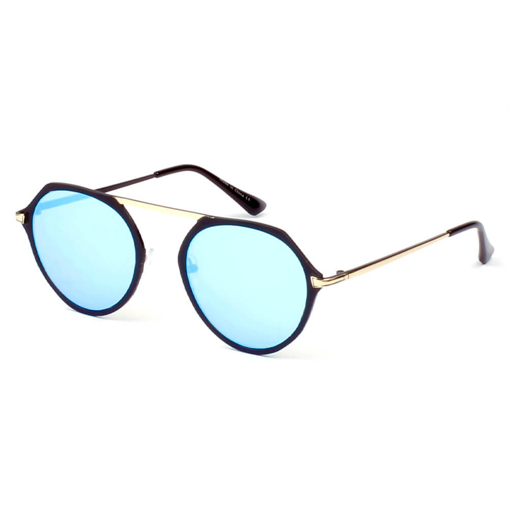 A19 Modern Flat Top Slender Round SUNGLASSES Gold - Icy Blue