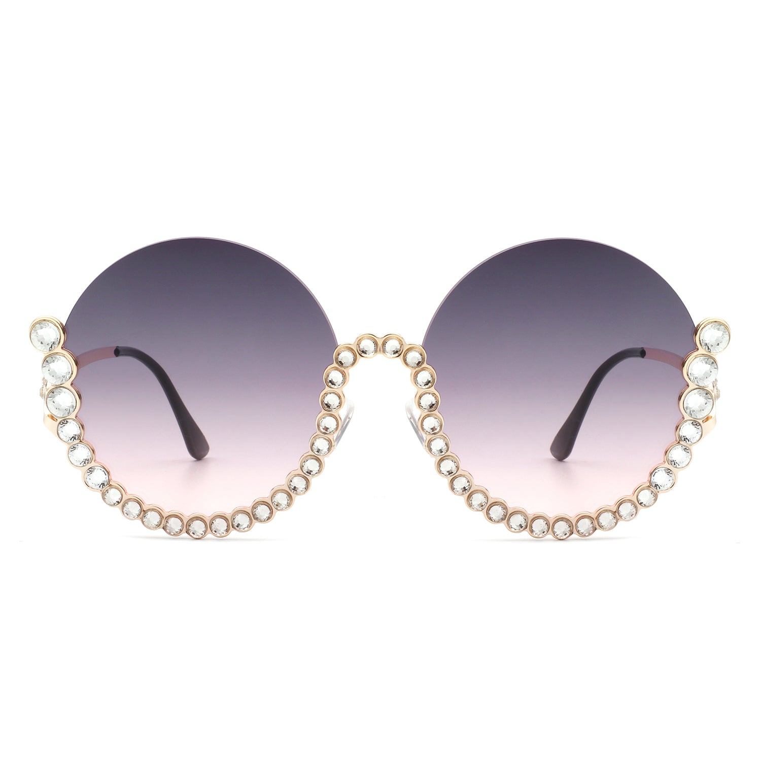 HJ3015 - Women Circle Half Frame Oversize Rhinestone FASHION Round SUNGLASSES