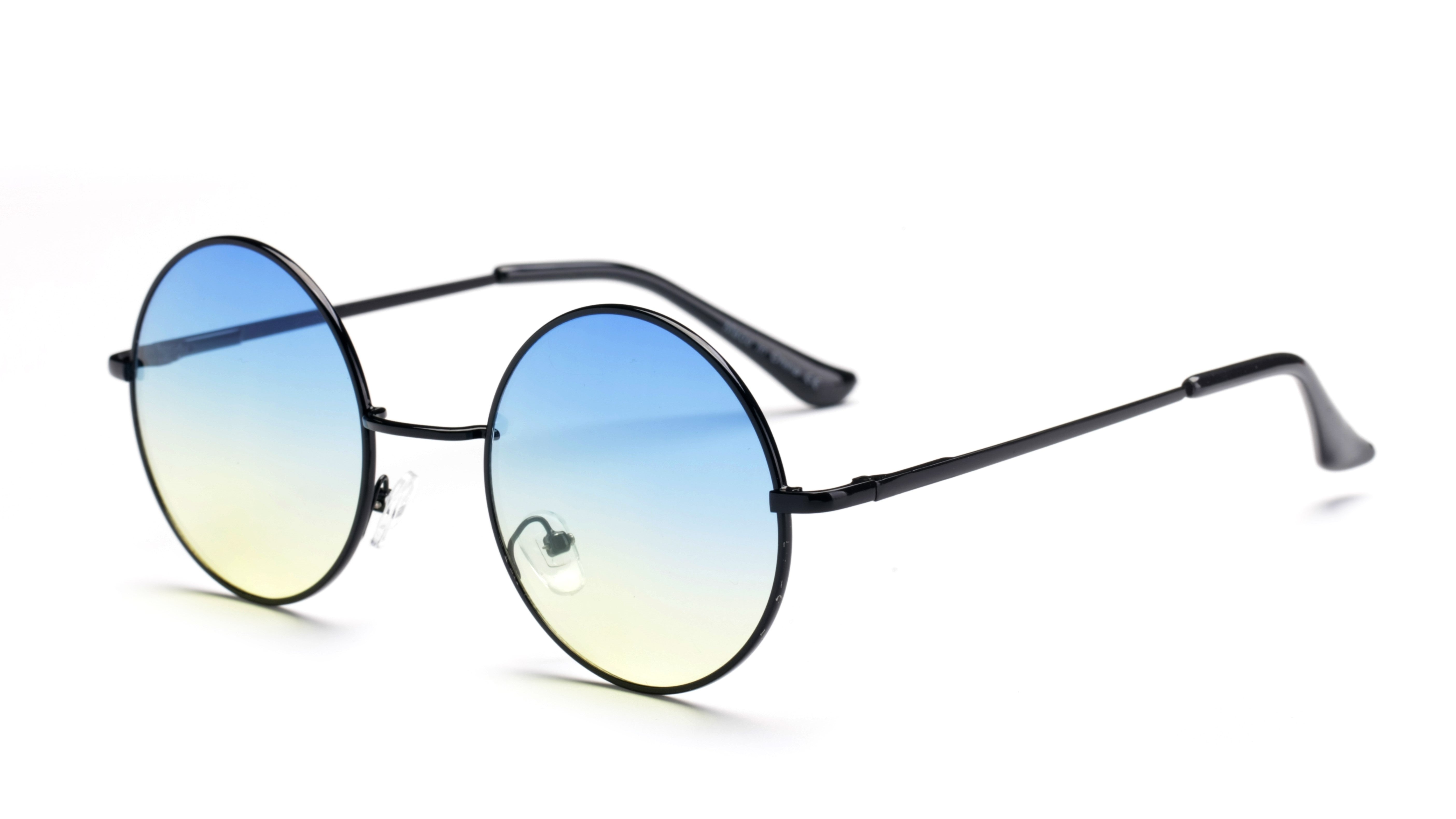 F1003-N - Retro Circle Round Metal Tinted Fashion Sunglasses Black/Blue