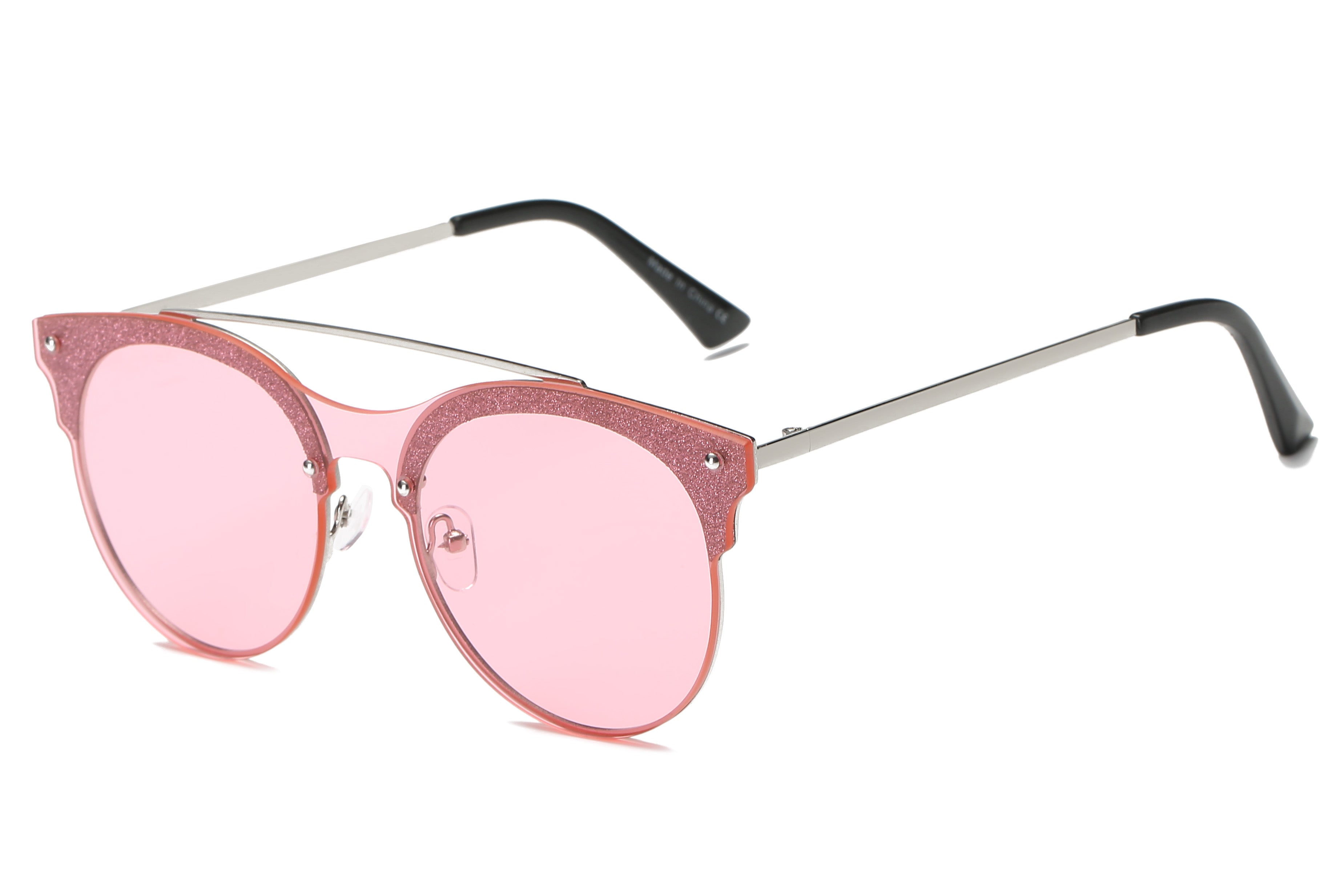 S3011 - Round Circle Double Bar Tinted FASHION SUNGLASSES Silver/Pink