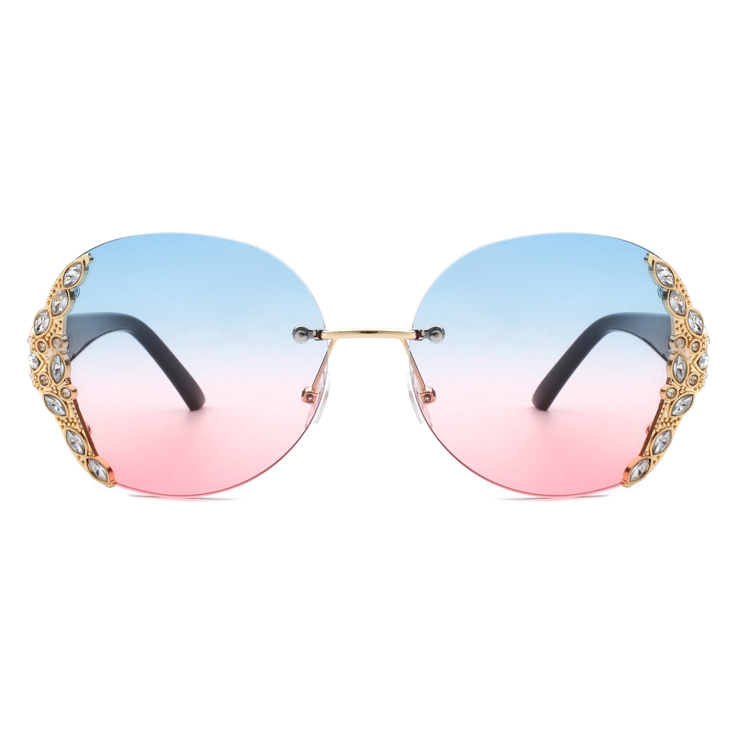 HW2022 - Women Oval Rimless Rhinestone Design Round Oversize SUNGLASSES