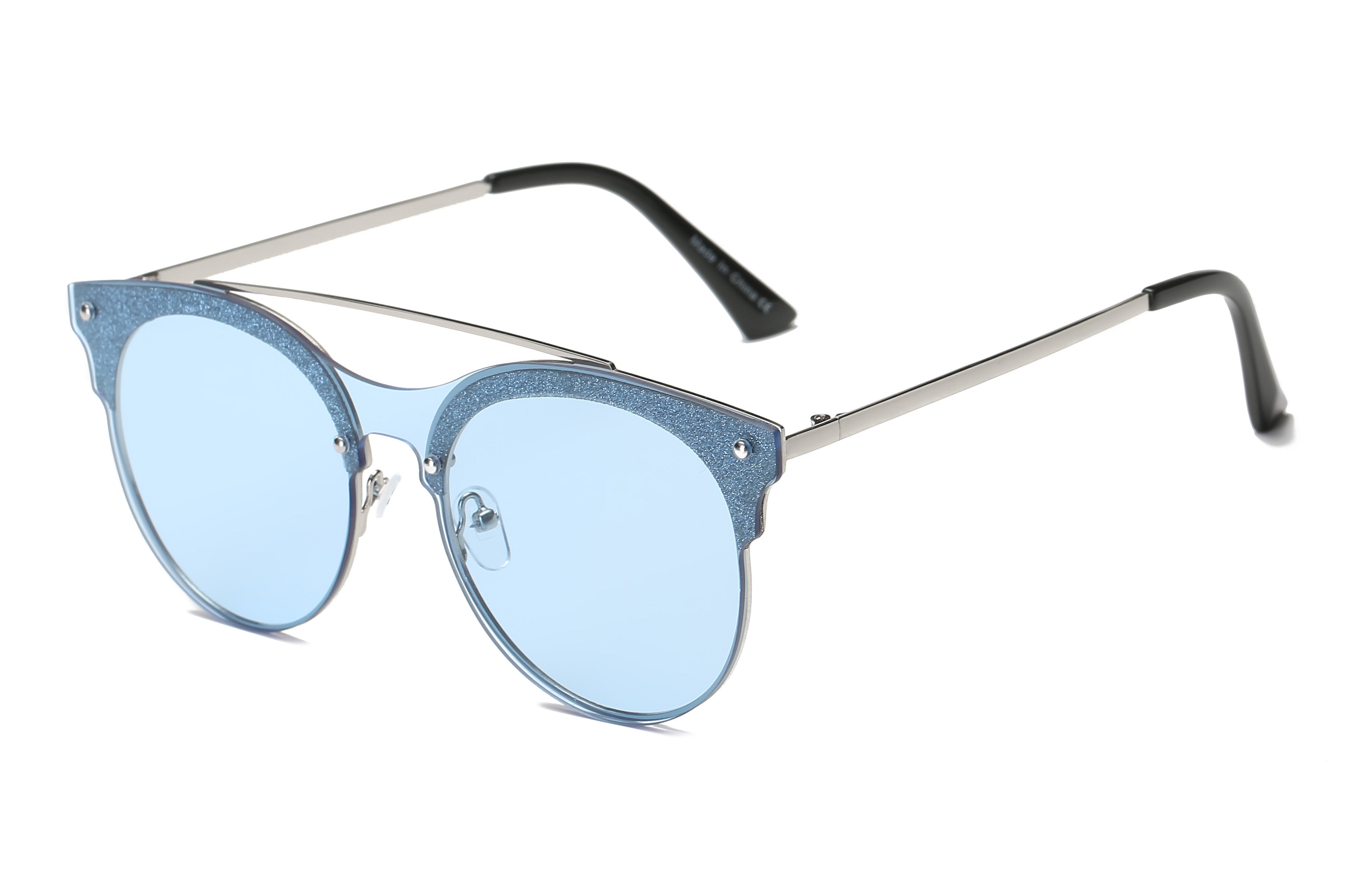 S3011 - Round Circle Double Bar Tinted Fashion SUNGLASSES Silver/Blue