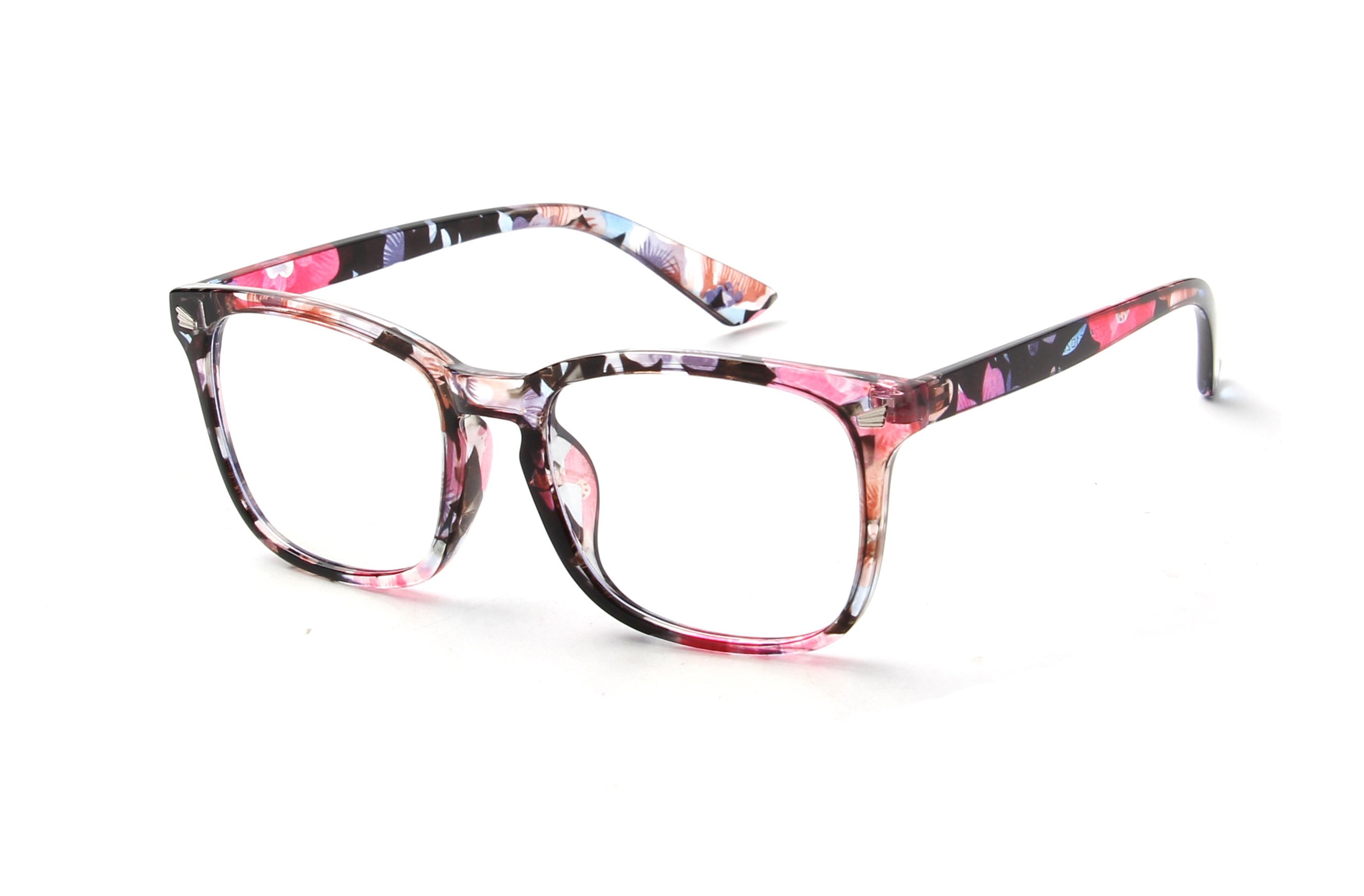 S1149 - Classic Rectangle Horn Rimmed Blue Light Blocker Glasses Floral Pink