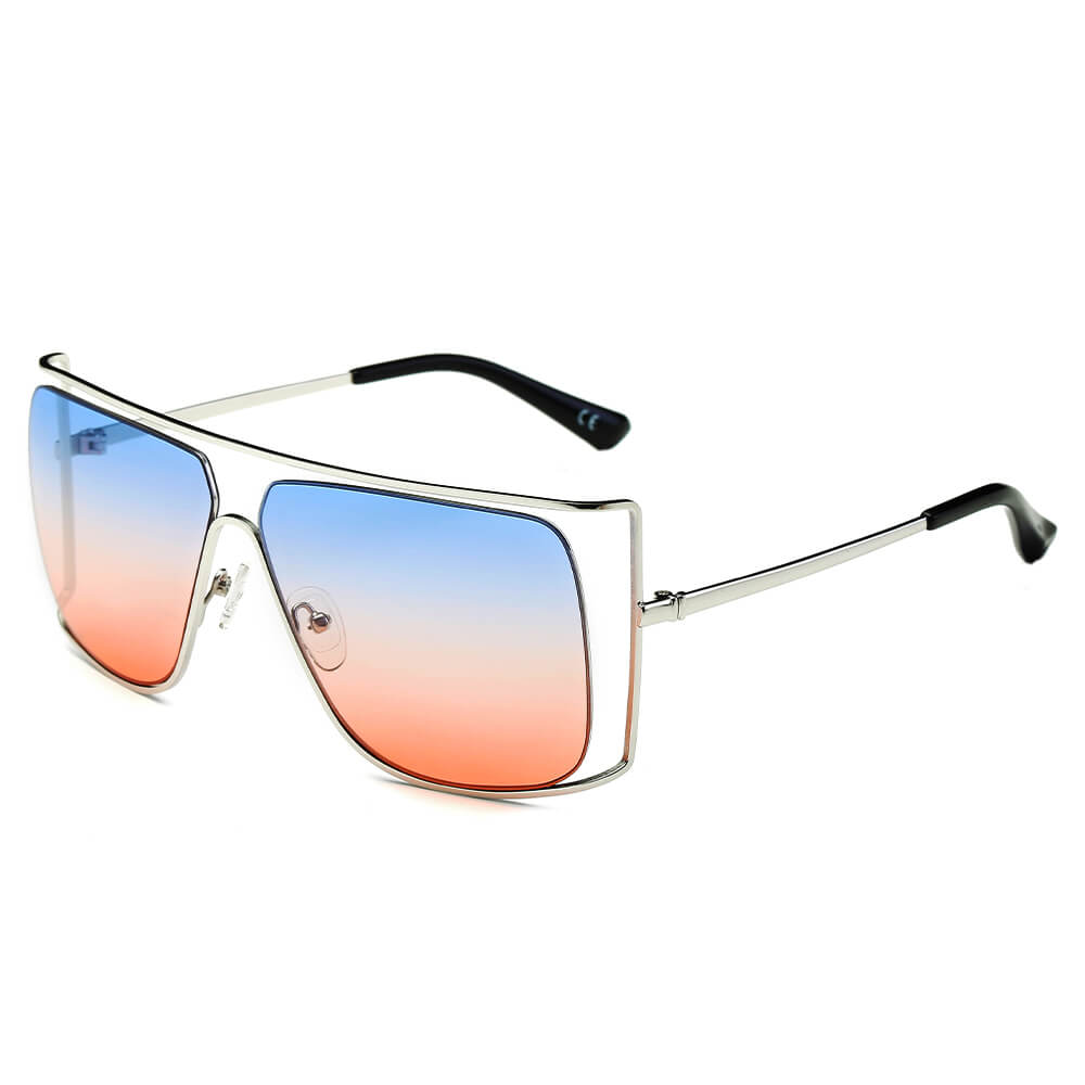 CA01 - Women's Trendy Oversize Flat Top Metal FRAME Sunglasses Silver - Blue to Yellow Gradient