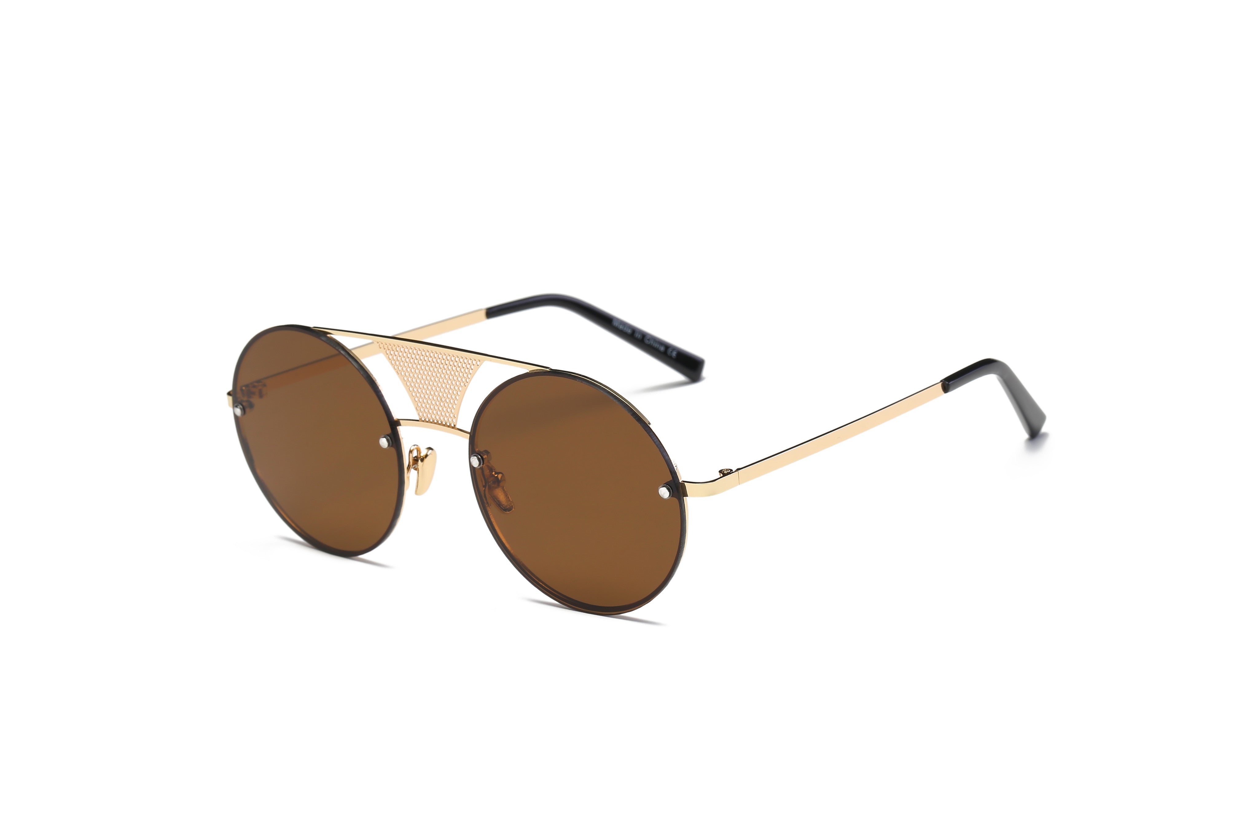 S2012 - Retro Round Brow-Bar Circle Fashion Wholesale Sunglasses Black Rims - Gold Arms - Brown Lens