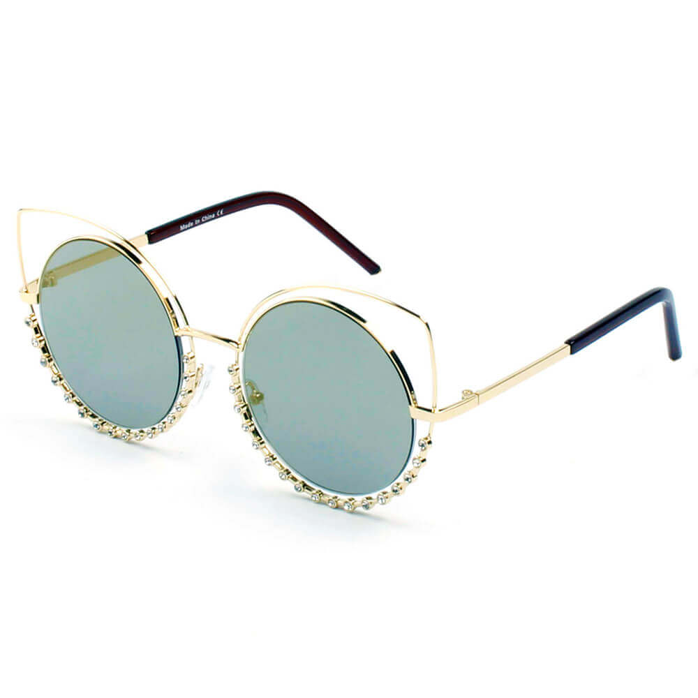 A21 Women Pearl-Studded Cut-Out Cat Eye Sunglasses GOLD - Gray