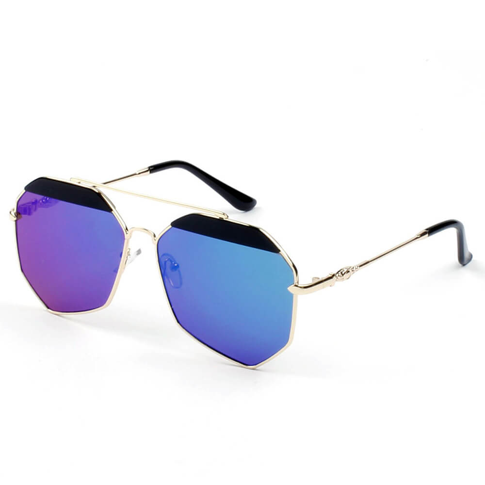 CD17 Geometric Flat Lens Hexagonal Metal FRAME Sunglasses Gold - Blue Violet