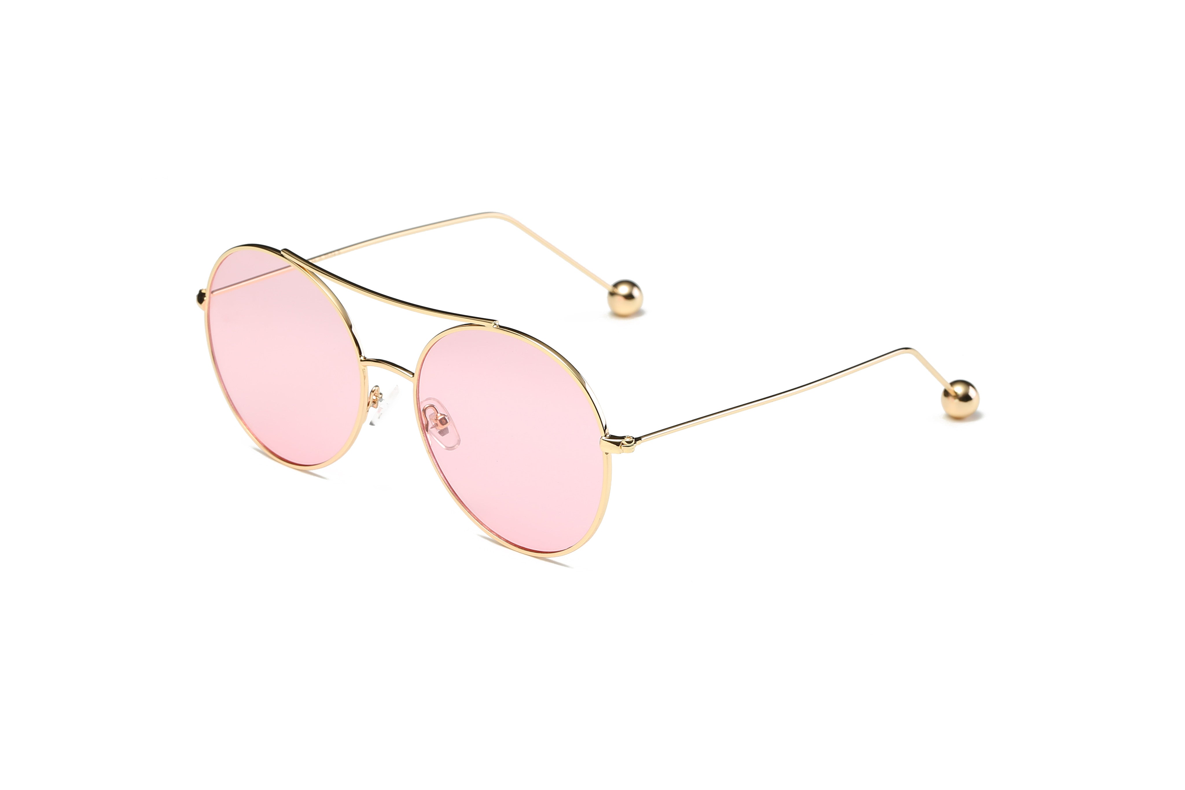 S1016 - Unisex Round Tinted Lens Sunglasses Pink lens with GOLD frame