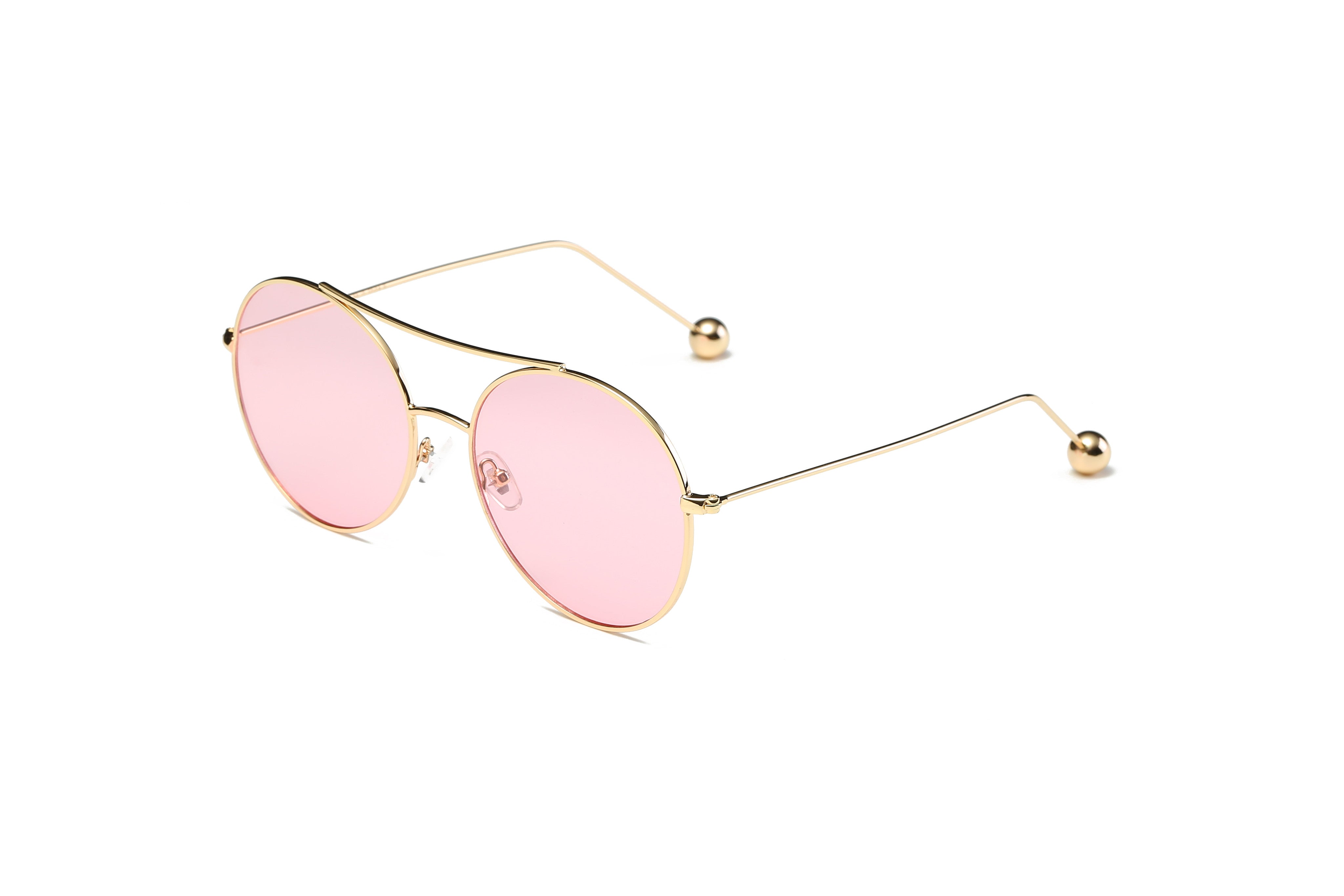 S1016 - Unisex Round Tinted Lens Sunglasses Pink lens with gold FRAME